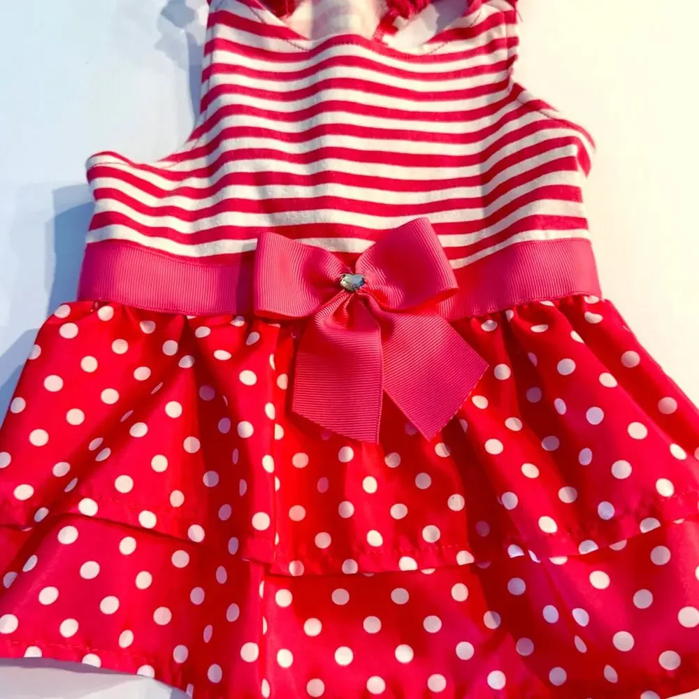 Pink Striped & Polka Dot Dog Dress - Rhinestone Bow Size Small